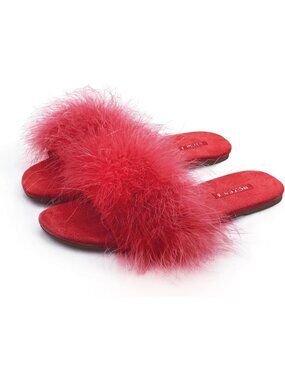 Women's Red Memory Foam Fuzzy Fluffy Open Toe Slip-On Indoor House Slippers